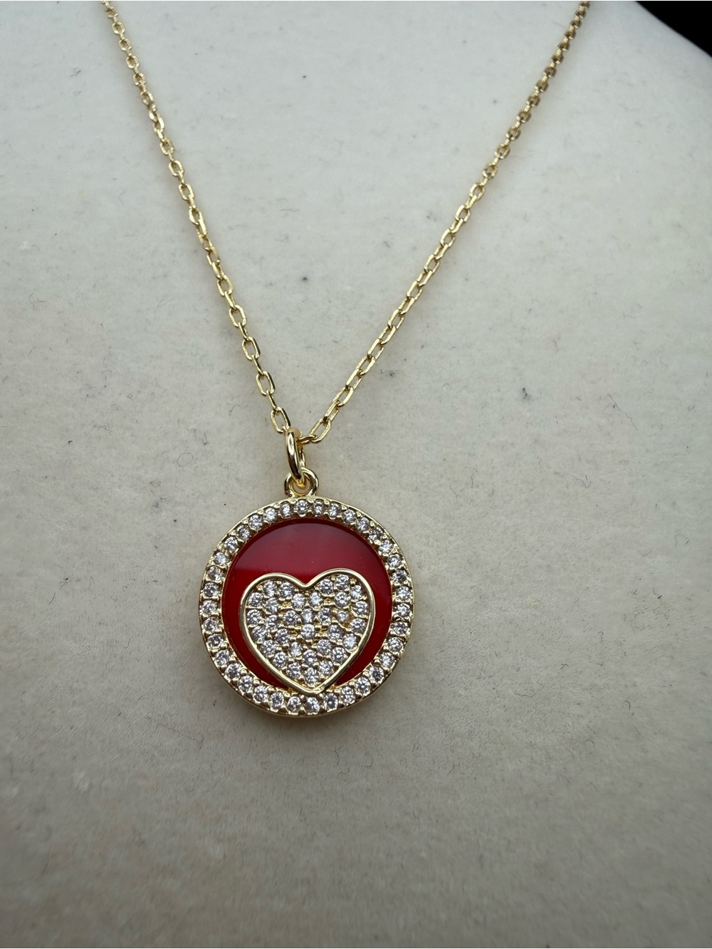 Gold Heart Pendant Necklace with Red Enamel and Crystals